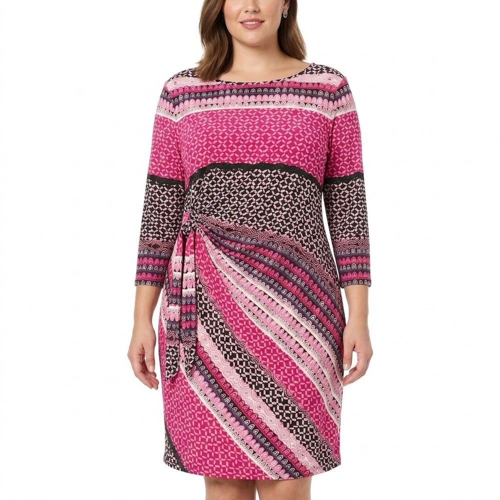 Vintage Donna Morgan Dress Womens 16 Pink Geometric Faux Wrap Mod Aesthetic‎